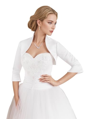 AUTTOGirl Damen Satin Bolero Brautjacke Elegante Hochzeitsjacke 3/4 Ärmel Perfekt für Braut,...