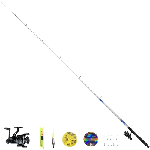 Pack caña de Pescar Larga (3,6 Metros) | Trimax 360 de 3,6m + Carrete + flotadores + plomos + Hilo + anzuelos (Playa y Roca, Adultos)