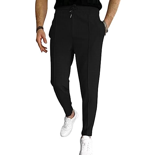 ZWRXW Men's Pants Pleated Front Casual Waffle Long Trousers Tapered Elastic Waist Drawstring Sweatpants with Pockets