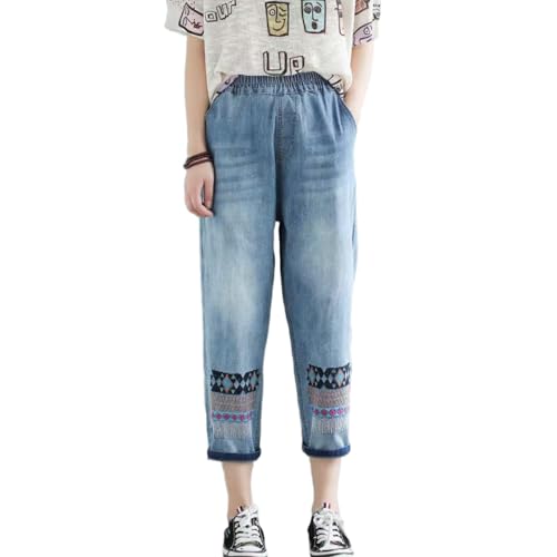 Womens Capri Pants Embroidered Jeans Wide Leg Baggy Jeans Drawstring Casual Trousers with Pockets Blue