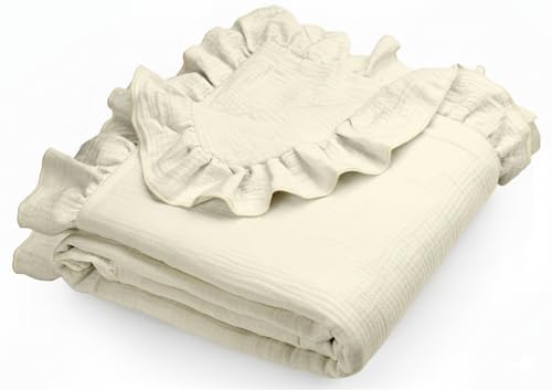 Image of Muslin Ruffled Baby Blanket, Extra Large 52 x 52 Inches, Soft Breathable Cotton Crib Blanket for Newborn Infant Toddler (Pale Yellow-Ruffled, Printed)