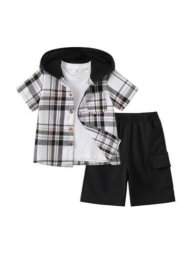 Image of Boys Clothes Shorts Sets Plaid Short Sleeve Hooded Button Shirt and Jogger Shorts for Kids Summer Outfits