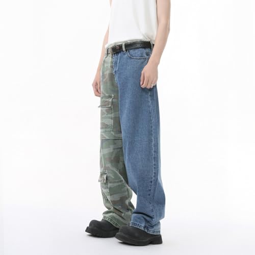 Men's Denim Jeans Patchwork Color Block Multi-Pocket Relaxed Street Style American Casual Pants for Men3