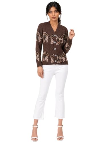 Image of Kalt Women Sweater for Winter Woolen Acrylic Full Sleeves V Neck Floral Design Cardigan Sweater for Women