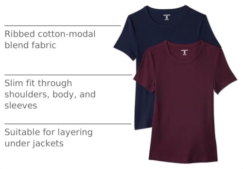Amazon Essentials Women's 2-Pack Slim-Fit Short-Sleeve Crewneck T-Shirt, Burgundy/Navy, Medium by Amazon Essentials - Used condition - Image 4