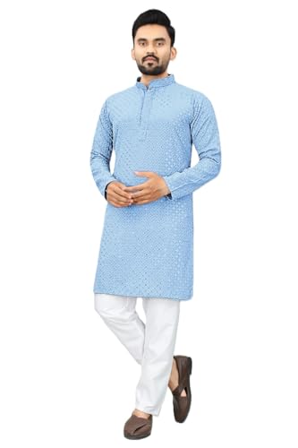 Estationeryhouse Pijama Kurta para hombre de ajuste recto en algodón (rayón) bordado pesado en la parte delantera y trasera (viene con pijama blanco), azul celeste, M