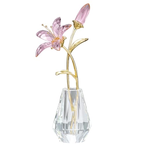 RONG Kristo Crystal Lily Figurine, Glass Flowers with Stem,Flower Collectible Gifts for Woman, Wedding Party Decor(Pink)