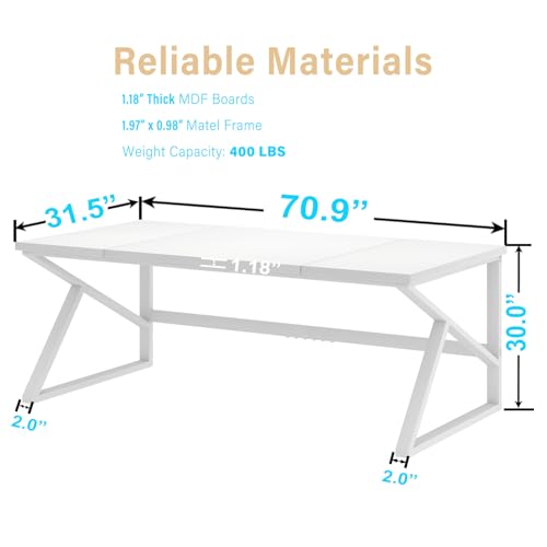 Image of HSH 70 Inch Long White Computer Desk, Modern Large Executive Work Writing Study Gaming Desk for Home Office, Industrial Metal Wooden Two Person Desk Dual Monitor Workstation in Bedroom Living Room