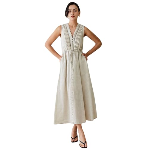 Image of CHICWISH Women V Neck Sleeveless Midi Long Dress Casual Button Beach Summer Vacation Linen Midi Dress with Side Pockets