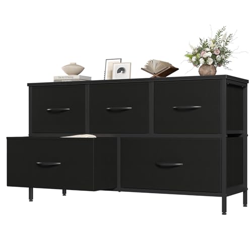 OLIXIS 5 Drawer Dresser for Bedroom, Closet Chest Organizer Furniture, TV Stand for Living Room Hallway, Wide Fabric Storage Tower with Wooden Top and Metal Frame, Black