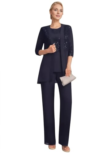 3 Pieces Mother of The Bride Pant Suits for Women Dressy Elegant Wedding Chiffon Lace Formal Outfits with Jacket RJX032