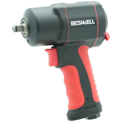 BESWELL 3/8-Inch Stubby Air Impact Wrench, Compact Pneumatic Tool with 600 Ft-Lbs Max Torque, Twin Hammer Mechanism for Tight Spaces, Engine Bay and Brake Maintenance - BW-112F3N-TW-38