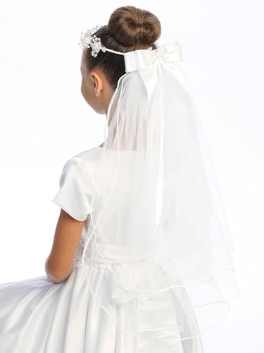 Pink Princess First Communion Veil for Girls 7-16 - White 1st Holy Communion Head Pieces Crown - Velos de Primera Comunión para Niña3