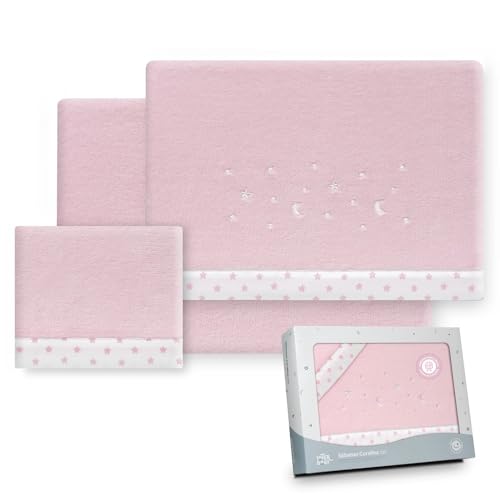 Interbaby - Juego Sabanas Carrito Bebe 40x80 Poliester 100% | Sabana Cuna Coralina, Cálida | Incluye Sabana Bajera, Encimera y Funda de Almohada | Ideal para Invierno | Estrellas Luna Rosa