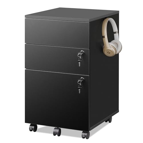 DEVAISE 3 Drawer File Cabinet with Lock, Small Rolling Filing Cabinet Under Desk, Wood Office...