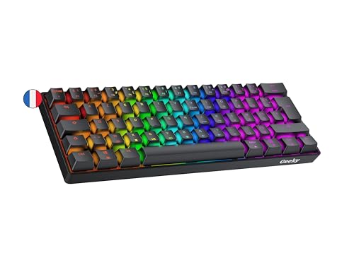 Geeky GK61 60% | Hot Swappable Clavier de Jeu Mécanique | 62 Touches Multicolores Rétroéclairées RGB LED pour Gaming PC/Mac | ISO FR AZERTY Clavier...