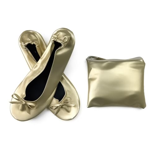 Women's Portable Ballet Flats, Bowknot Rollable Soft Sole Wedding Flat Shoes, Comfy Dancing Flat Shoes with Purse Bag