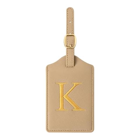 Initial Luggage Tag, Leather Luggage Tag withEmbroidered Initial, Travel Accessories, Travel Tag for Suitcases, Backpacks, Handbags and Luggage Identification (Desert Sand+Gold, K) Cover