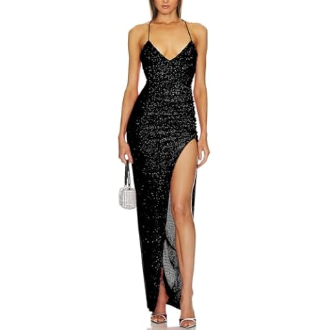 Capuffy Women's Spaghetti Straps Sexy Glitter V-Neck Maxi Dress 2024 Thigh-High Slit Ruched Bodycon Cocktail Party Dress 315(Black,M) Cover