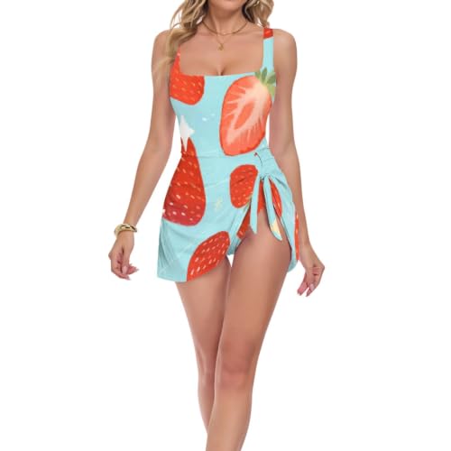 Maillot de bain femme une pièce rouge fraises natation jupe amovible