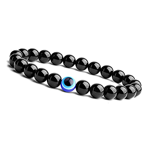 Image of THUNDERSTORM Unisex-Adult Reiki Black Tourmaline With Evil Eye Bracelet Naturally Energized Fengshui Stretchable Bracelet Remove Negative Energy Bring Luck And Prosperity