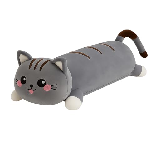 Image of Cute Long Cat Plush Pillow for Kids | Soft Huggable Sleeping Body Pillow | Grey Cartoon Cat Stuffed Toy for Girls & Boys | Decorative Bed & Sofa Cushion (60 cm) (Grey)