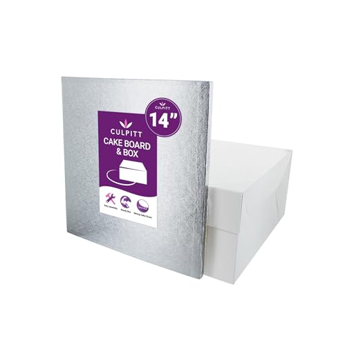 Culpitt 14 Square Silver Cake Drum Board & White Cake Box Combo, 14 Inch Box and Matching Board Set For Cake Transport