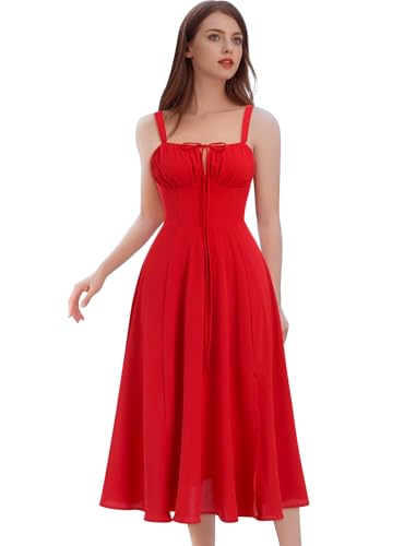 Image of Women Floral Corset Dress 2026 Boho Midi Sundress Summer Dress | Flowy A-Line Dress with Adjustable Spaghetti Straps Lace Up Back Front Slit High Waist for Vacation Wedding Guest