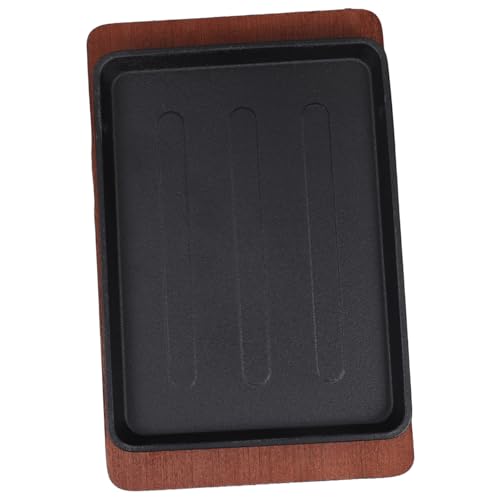 INOOMP Sartén Cuadrada Para Barbacoa 23.2x17.5 Cm De Hierro Fundido Con Base De Madera Resistente Para Asar y Freír Carne y Pescado, Adecuado Para Uso Doméstico y Reuniones Familiares