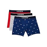 Lacoste Men's Cotton Stretch Mini Croc Print Boxer Briefs, 3-pack, Deep Ocean/Dove Grey/Red, Large
