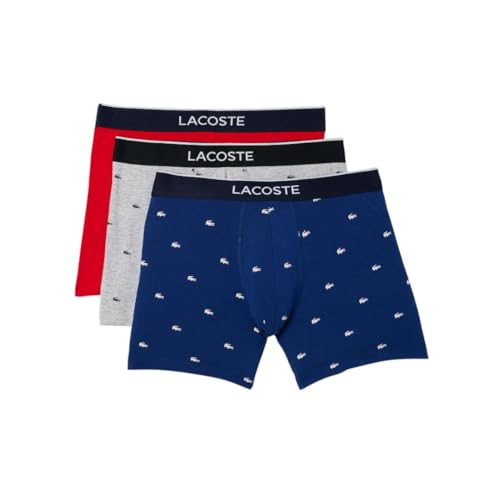 Lacoste Men's Cotton Stretch Mini Croc Print Boxer Briefs, 3-pack, Deep Ocean/Dove Grey/Red, Large