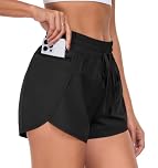 PrinStory Women 2 in 1 Running Shorts Side Split High Waist Drawstring Gym Shorts with Phone Pocket Cycling Sport (Black, M)