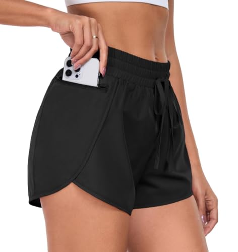 PrinStory Women 2 in 1 Running Shorts Side Split High Waist Drawstring Gym Shorts with Phone Pocket Cycling Sport (Black, L)