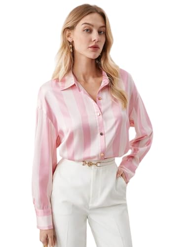 Image of IndoPrimo Women's Satin Shirt with Long Sleeves Western Style Spread Collar Neck Relaxed Fit Stripe Printed Pattern and Standard Length