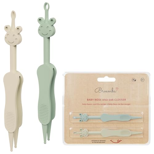 Broemba Nettoyeur de nez et d'oreilles pour bébé avec pince incluse - Alternative 3-en-1 au mouche-bébé et à la poire nasale - Sans BPA - Vert/Beige
