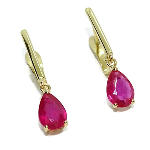 Boucles d'oreilles or jaune 18 carats rubis naturel taille larme 2cm