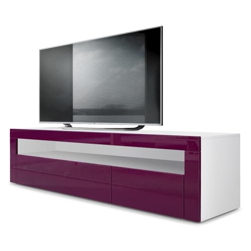 Vladon Lowboard Valencia, Made in Germany, TV-Kommode mit 1 offenem Fach und 2 Klappen, Weiß matt/Brombeer Hochglanz/Brombeer Hochglanz (155 x 46 x 40 cm)