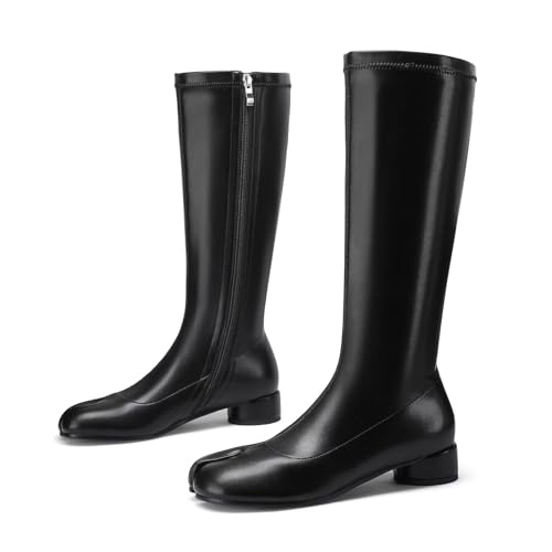 Women Fashion Knee High Stretched Leather Boots Split Toe Round Block Heels Tabi Shoes Side Zipper Black Mid Calf Boots2