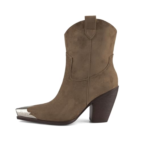 Image of keleimusi Women's Western Cowgirl Ankle Boots Stacked Block Heel Cowboy Booties Steel Toe Heeled Short Cowboy Boots Side Zipper Western Booties for Women