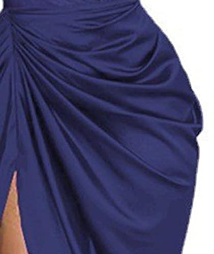 Image of xxxiticat Women's Ruched Midi Dress Sleeveless Spaghetti Straps One Shoulder Asymmetric High Split Slip Party Dress