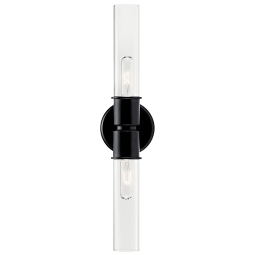 Image of Kichler Aviv 2-Light Wall Sconce, Modern Light with Clear Glass in Black, for Bedroom, Laundry Room, Kitchen or Hallway (24 inch x 5.5 inch), 52654BK