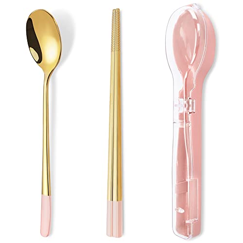 4 Piezas de Cubiertos para Ilevar con Estuche, QLFJ-FurDec Utensilios de Cubiertos Camping acero Inoxidable Reutilizables con Tenedor, Cuchara, Palillos Cover