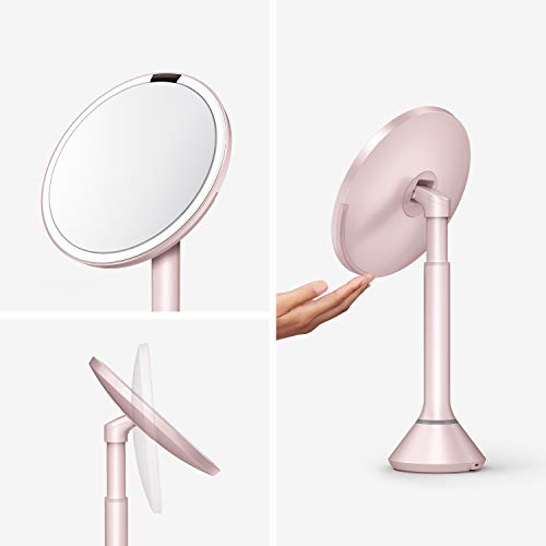 Simplehuman,Tabletop Mount 8" Round Sensor Makeup Mirror With Touch-Control Dual Light Settings, 5X Magnification, Rechargeable And Cordless, Pink Stainless Steel #TOP1