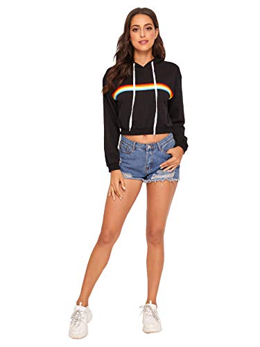 SweatyRocks Women's Long Sleeve Rainbow Stripe Sweatshirt Crop Top Hoodies Black S