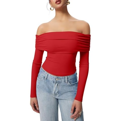 XXTAXN Women's Trendy Sexy Off Shoulder Tshirts Long Sleeved Slim Fit Blouse Tops Red Cover