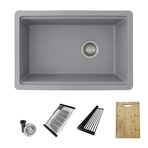 Stylish 28 x 18 Inch Drop In or Undermount Kitchen Sink Single Bowl Reversible Workstation Granite Composite Kitchen Sinks with Regular Strainer Colander Drying Rack and Cutting Board Grey, S-828WL