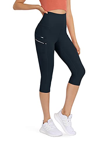 ODODOS Women's High Waisted 19" Inseam Dual Pockets Workout Capris, Yoga Running Gym Athletic Capris Leggings, Deep Navy, X-Large