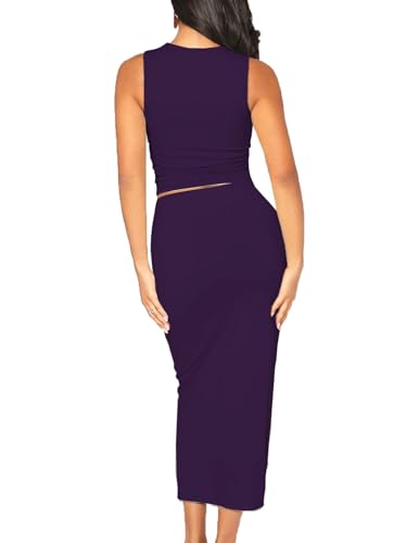 Image of Bdwinz Women's Casual 2 Piece Dress Round Neck Tank Top Bodycon Midi Skirt Dress Set