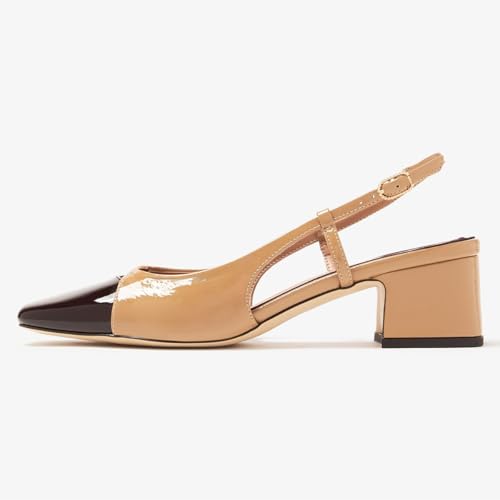 FOWT Women Square Toe Two Tone Pumps Chunky Block Low Heel Slingbacks Slip on Comfortable Party Dance Daily Shoes Size 4-16 US4