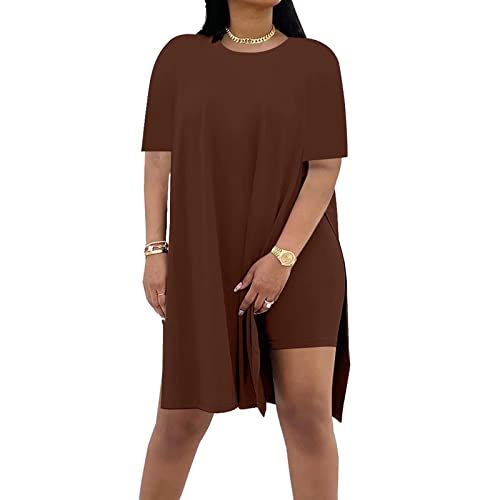 Image of AXOSY Women Plus Size 2 Piece Outfits Short Sleeve Tunic Tops and Skinny Biker Shorts Sets Tracksuits
